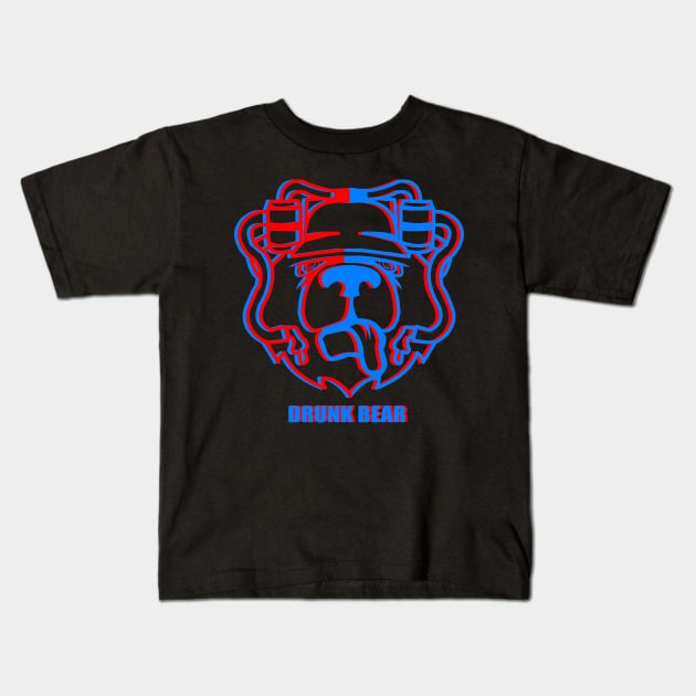 Retro Vintage 3D Glitch Neon Drunk Bear With Beer Hat Kids T-Shirt by StreetDesigns